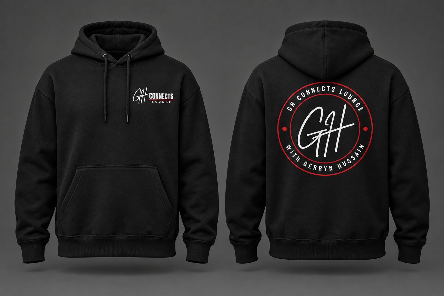 Black GH Connects Lounge hoodie, front and back. Small chest logo, large circular GH badge on the back.